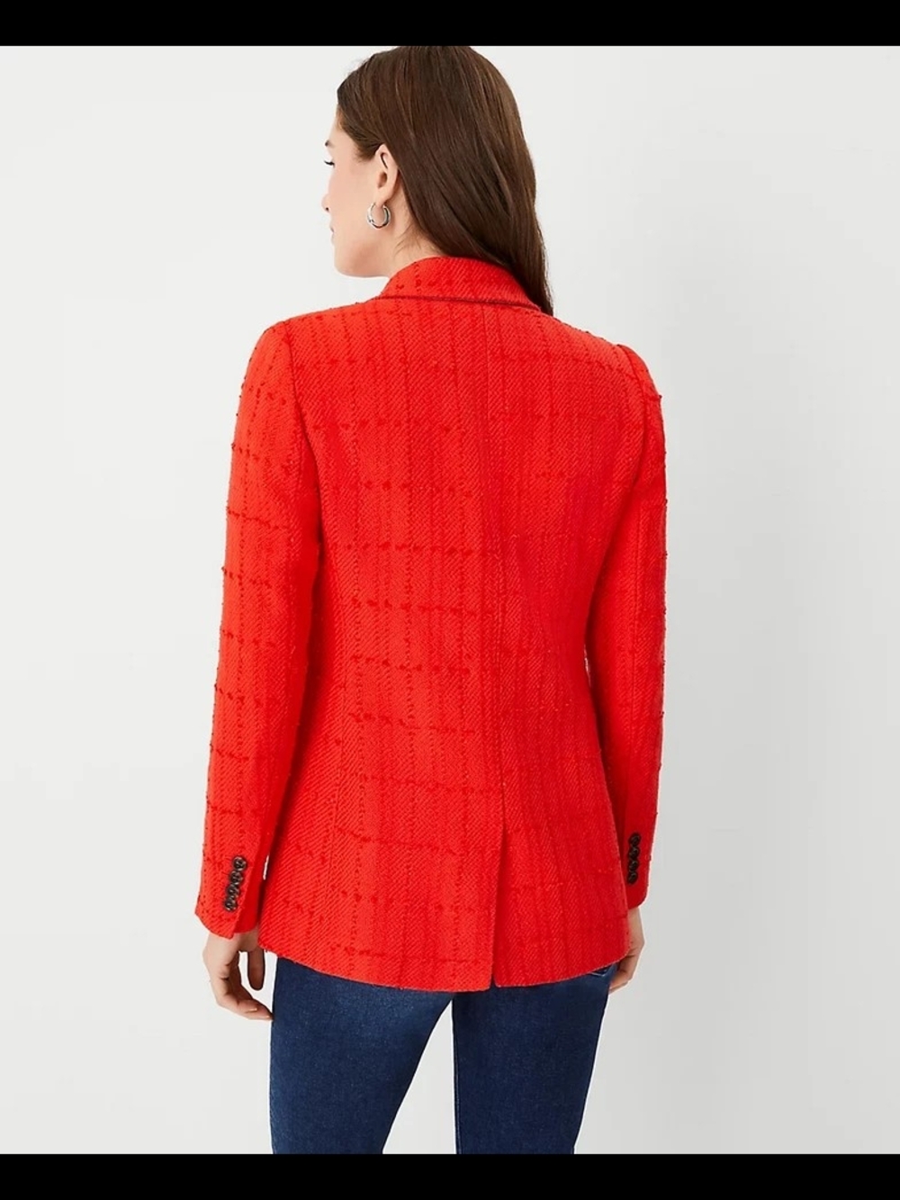 Ann Taylor Textured Plaid Double Breasted Blazer Orange Career Jacket 8 - Picture 2 of 11
